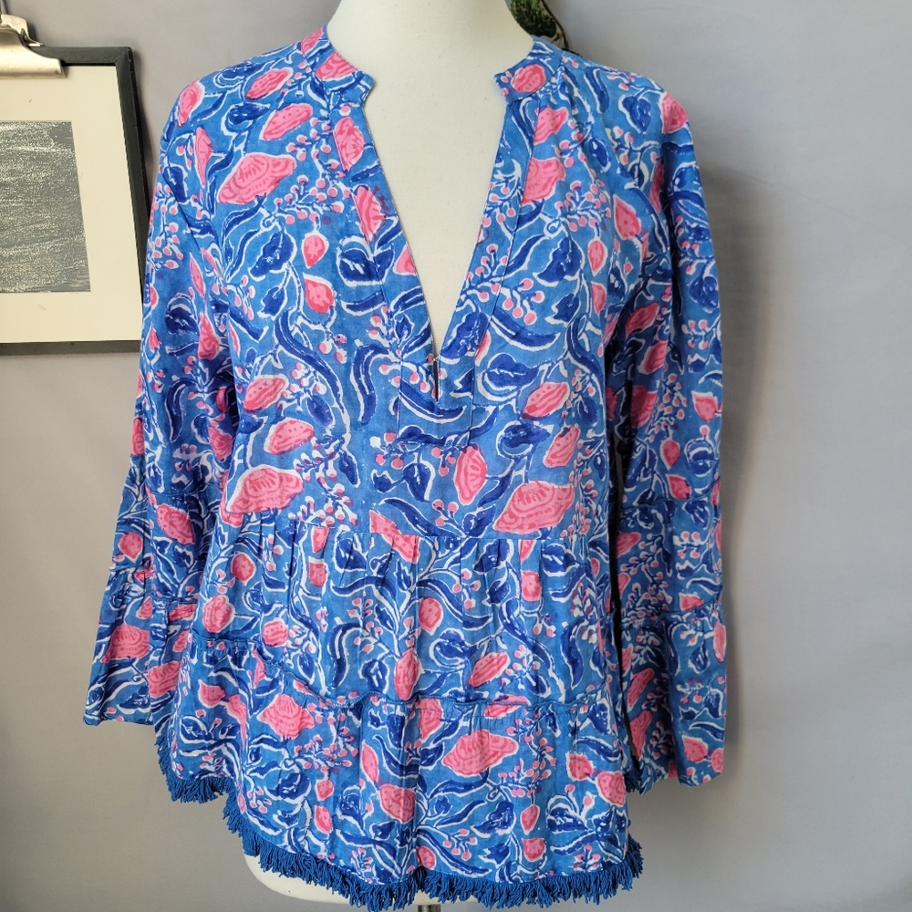 Gingy Rye Fringe Popover Top Blue Pink‎ L
